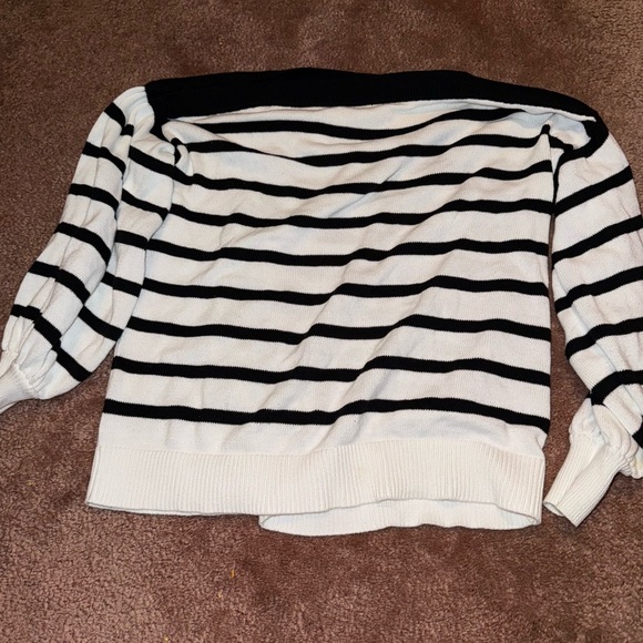 LOFT Boatneck Sweater in Black and White Stripes - Picture 1 of 3